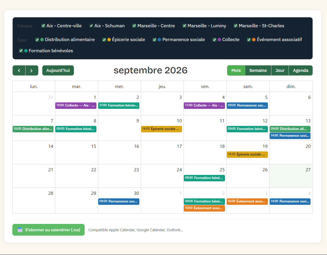 Calendrier public des permanences et des événements