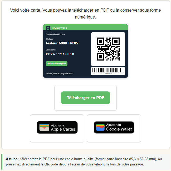 Carte bénéficiaire affichée sur le site