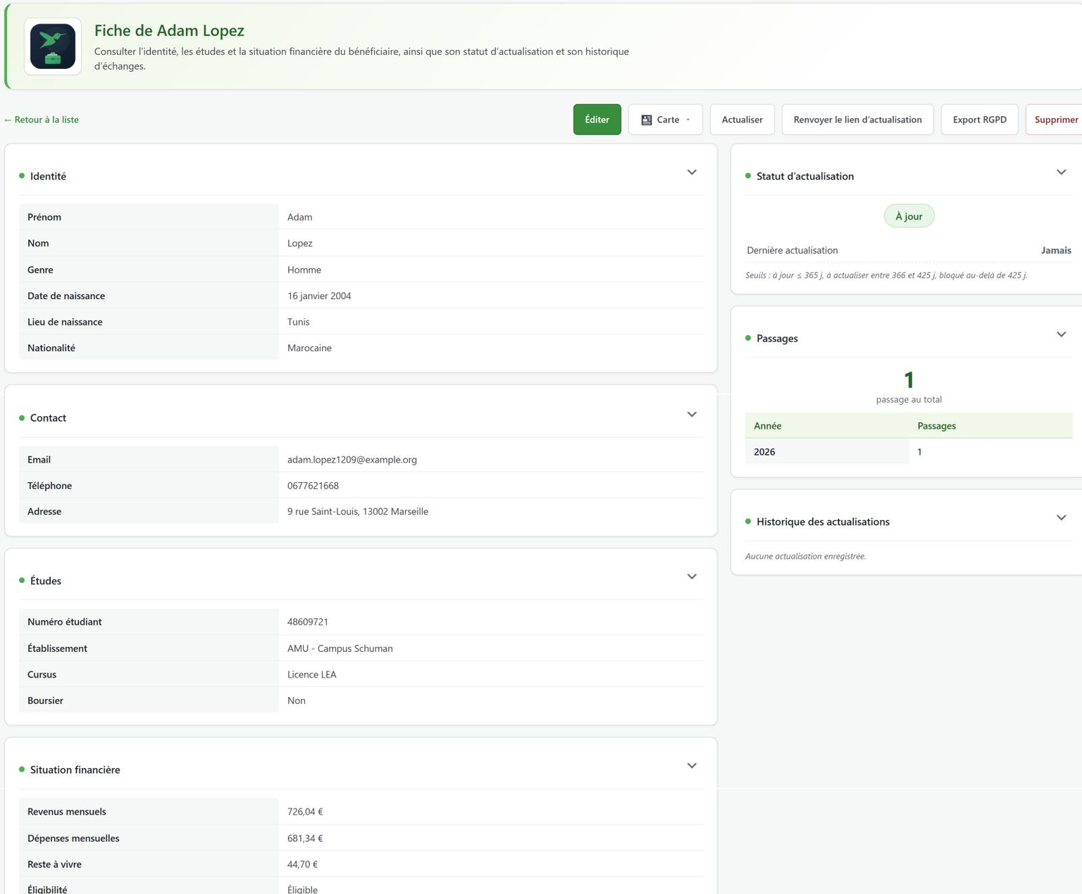 Fiche bénéficiaire : identité, situation, statut d'actualisation et historique (profil fictif)