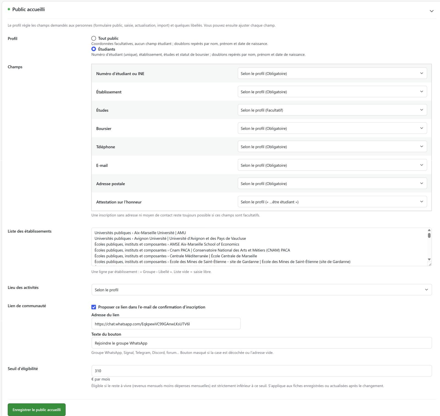 Configuration : carte « Public accueilli », profil et réglage de chaque champ
